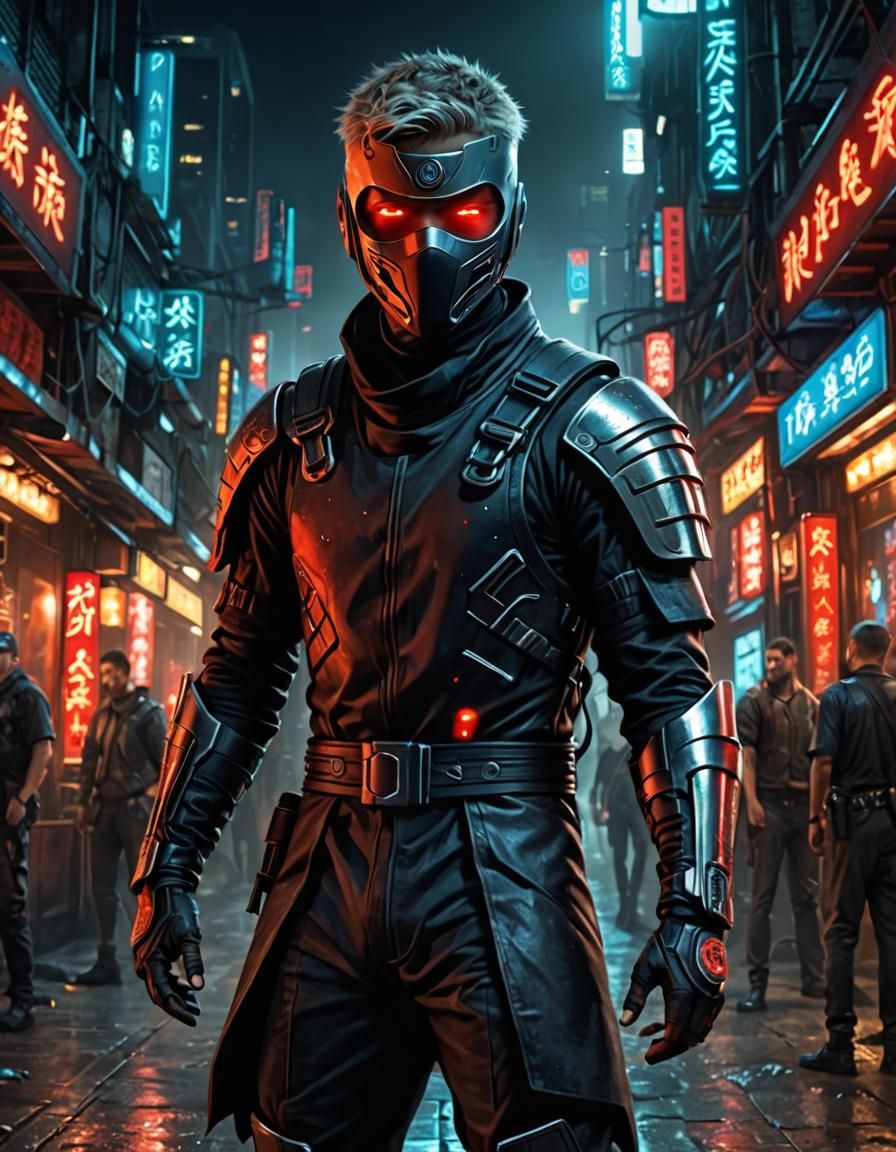 Cute Ninja Man in Blade Runner Style