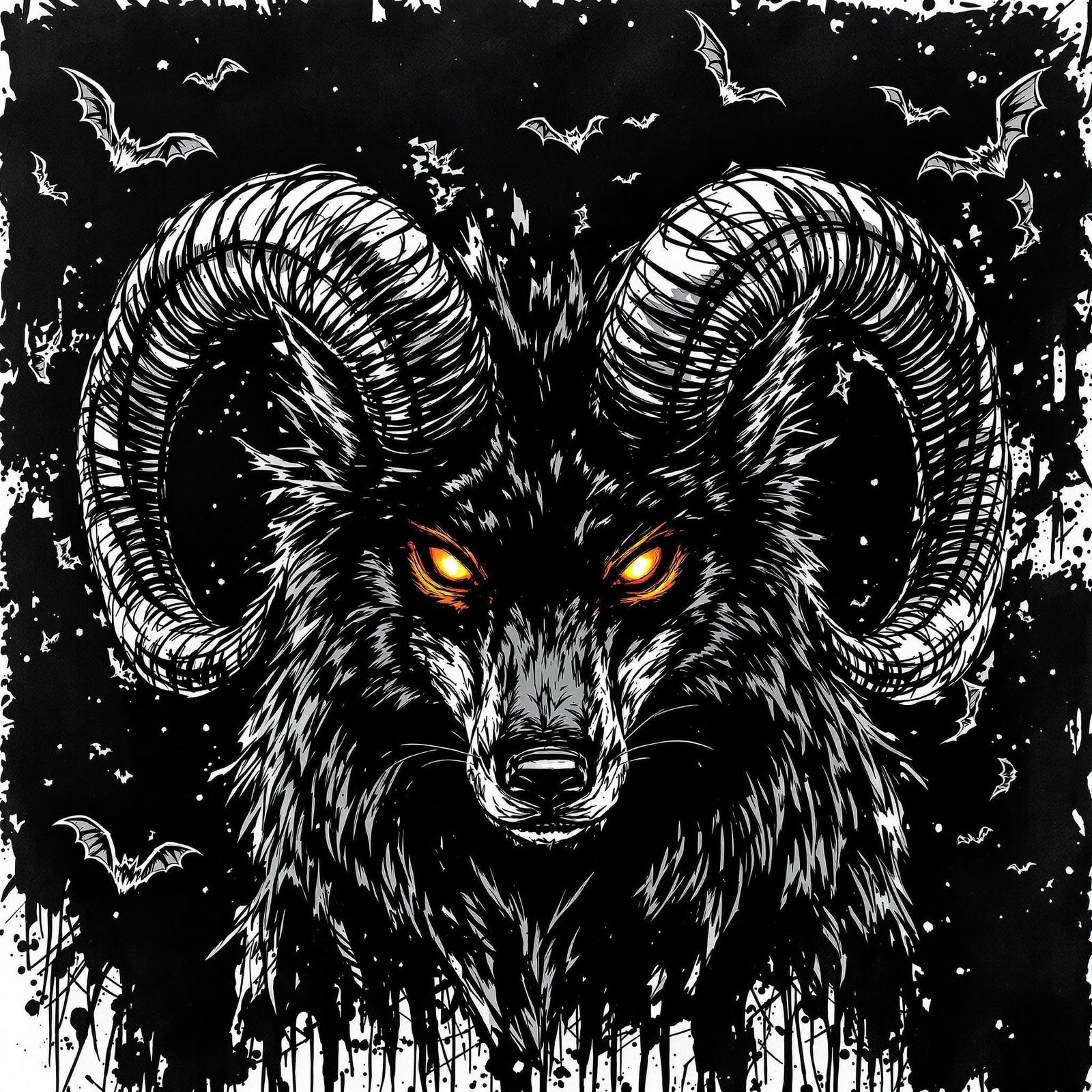 Mischievous Black Wolf in Dark Fantasy Ink Art