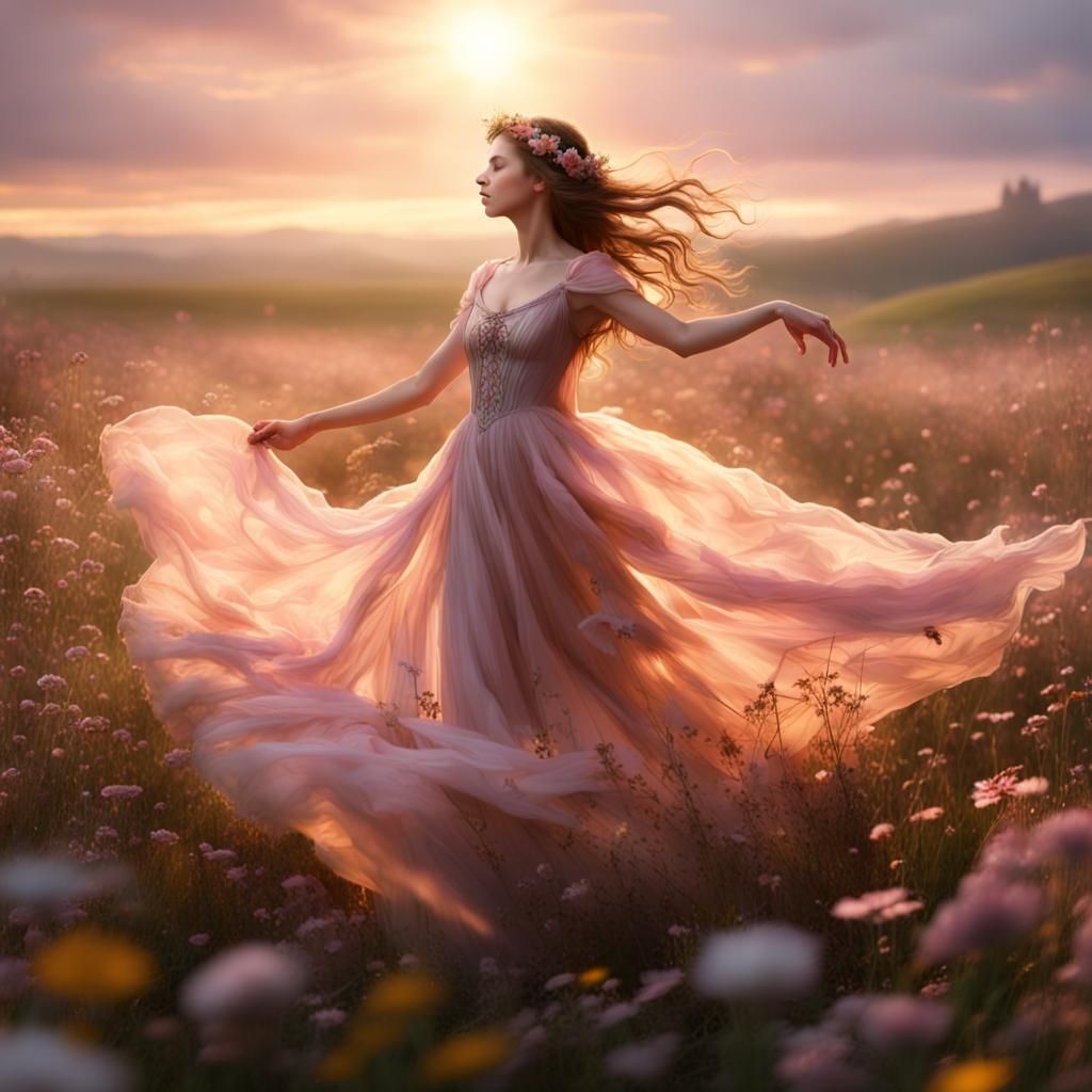 Flower Fairy Princess Dancing in Wildflower Field