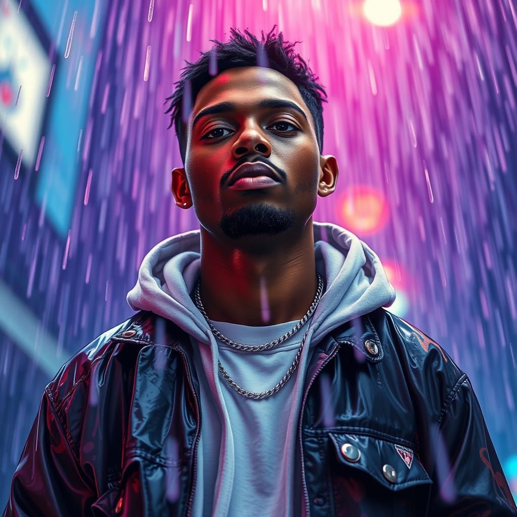 Brown Skin Man Stands in Heavy Rain with Iridescent Colors