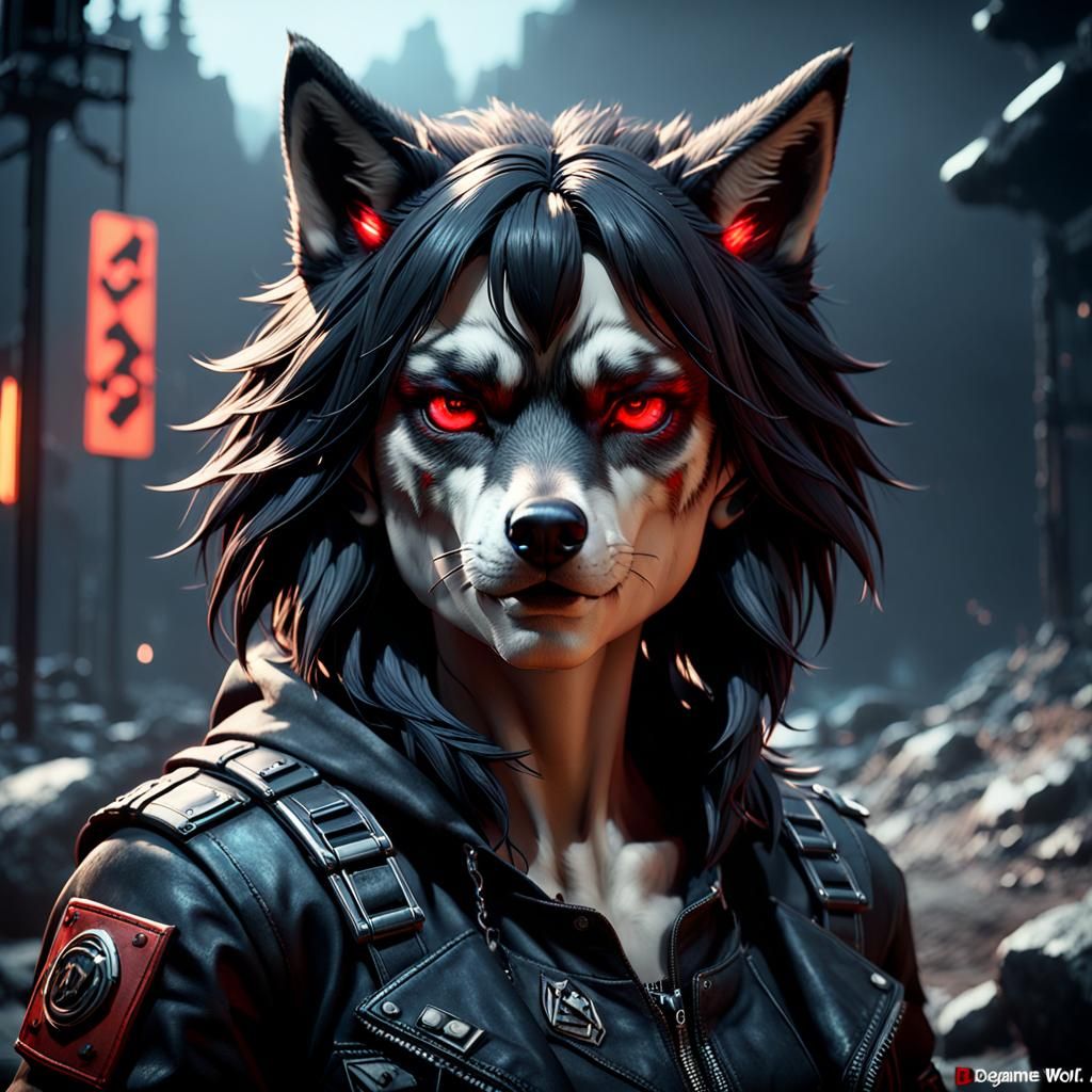 Rockstar Female Wolf with Red Eyes in 3D