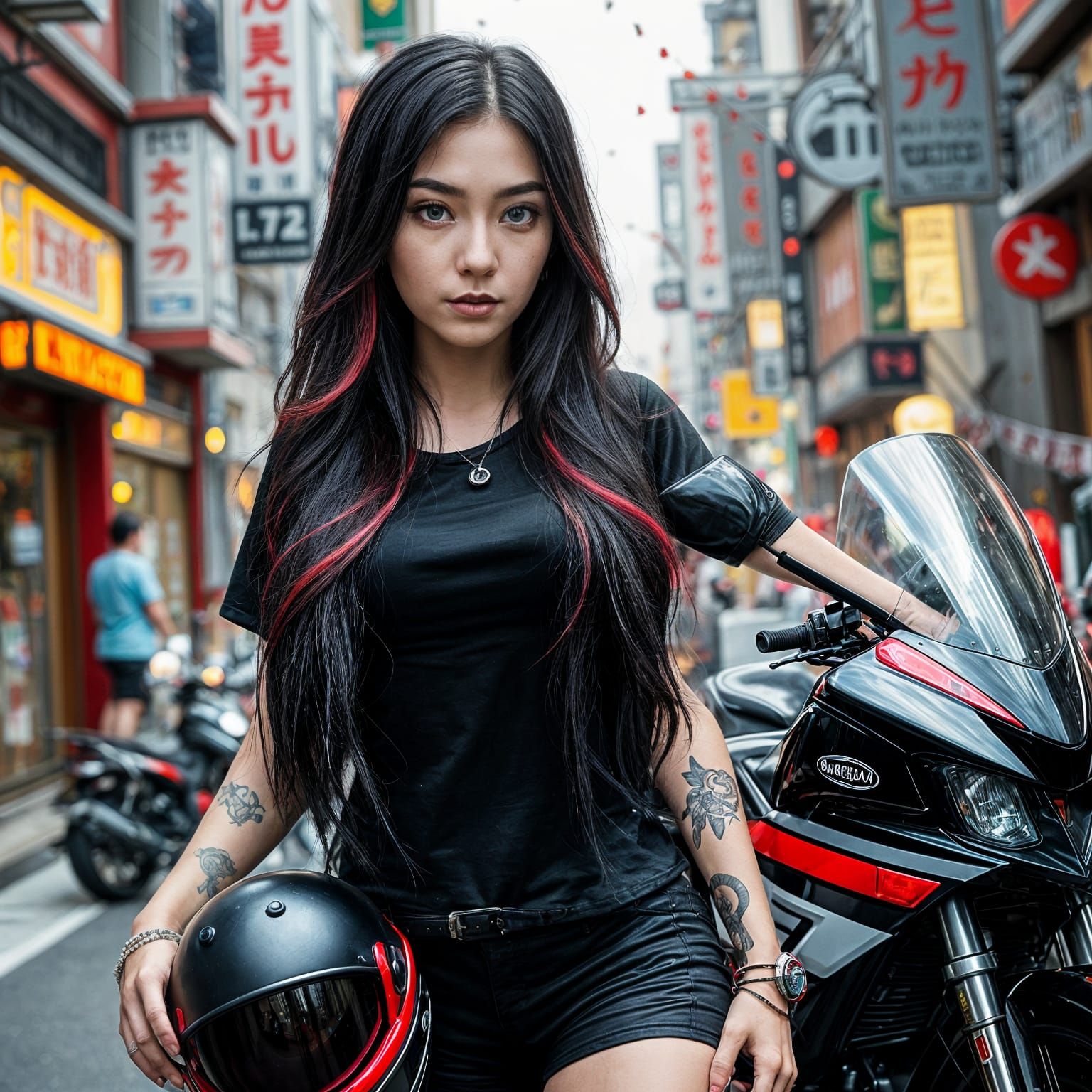 Gothic Japanese Woman with Motorcycle: Hyperrealistic Splash...