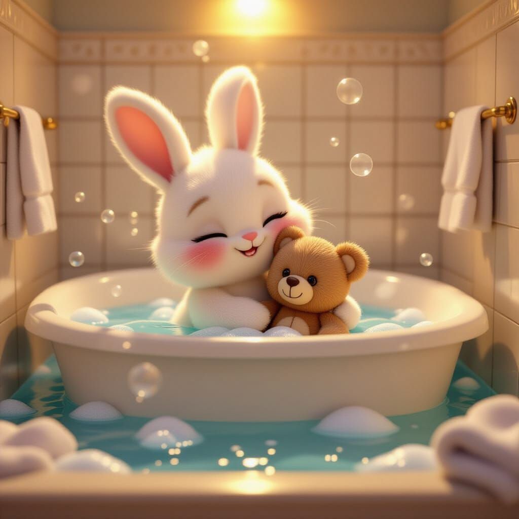 Adorable Bunny Hugs Teddy Bear in Cozy Bathtub
