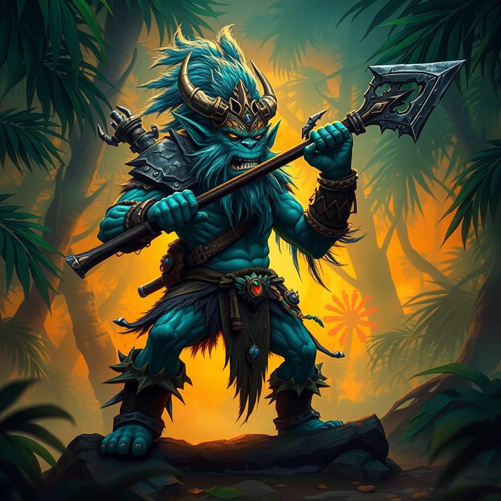 Mystical Troll Hunter in Jungle, Dark Fantasy Art