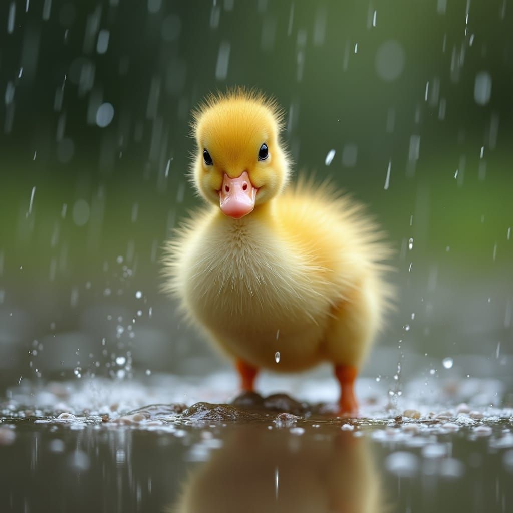 Adorable Duckling Plays in the Rain