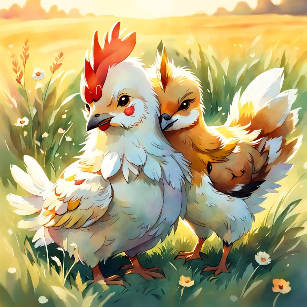 Whimsical Chicken and Fox Hugging in Field