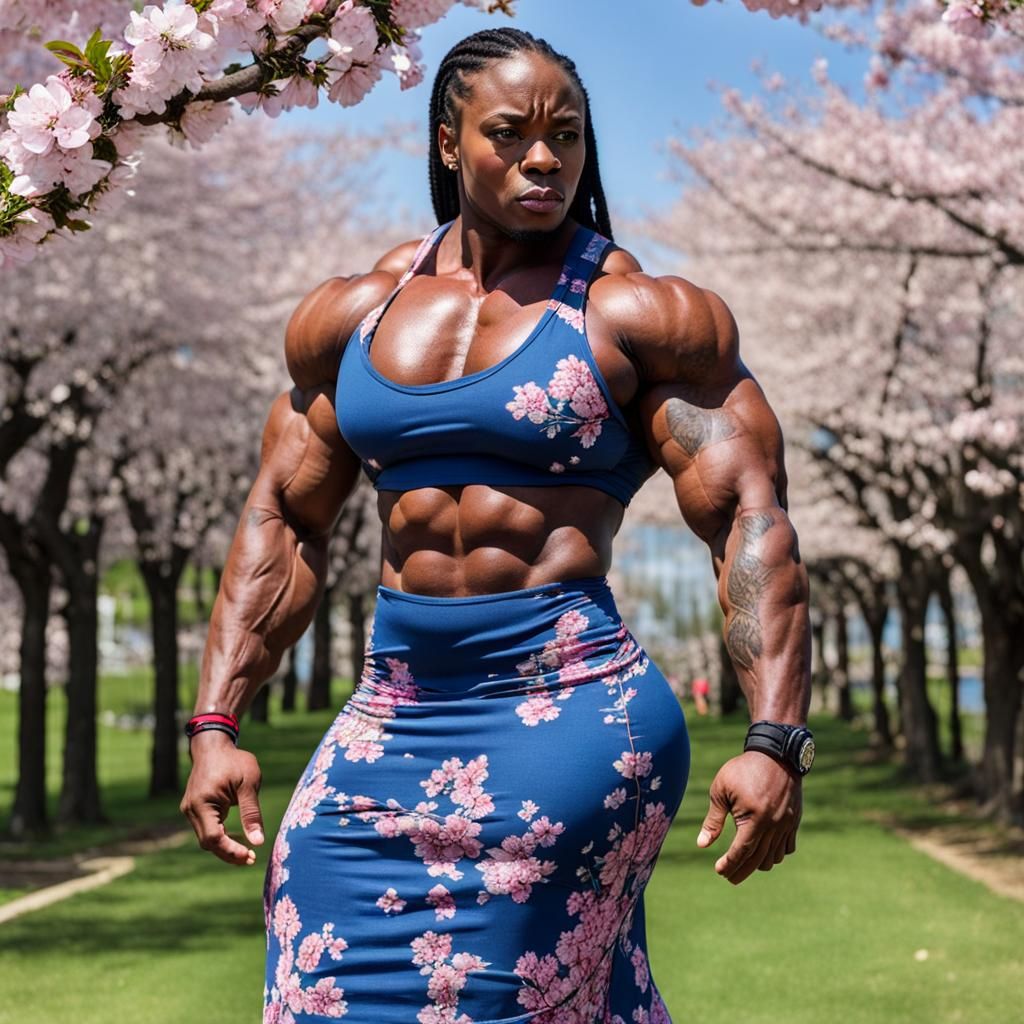 Muscular Woman with Cherry Blossoms: Photorealistic Portrait