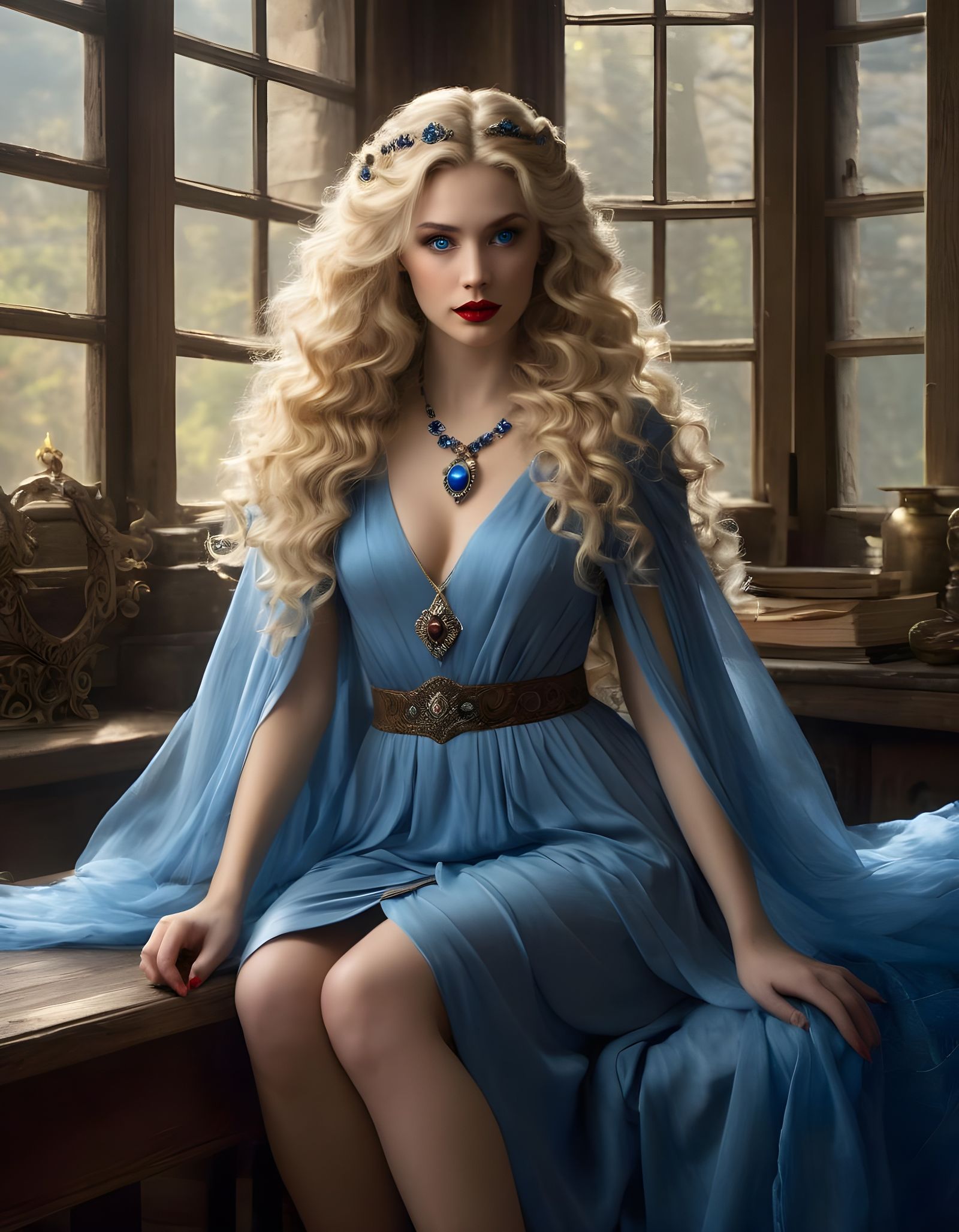 Enchanting Norse Goddess Seated at Desk, Drawing with Intens...