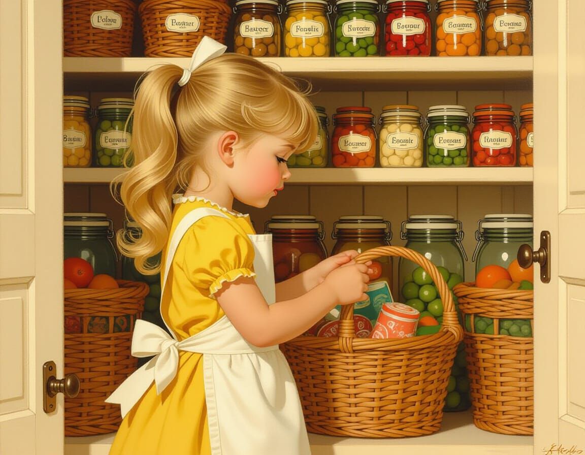 Girl Organizes Vintage Pantry in Nostalgic Digital Art