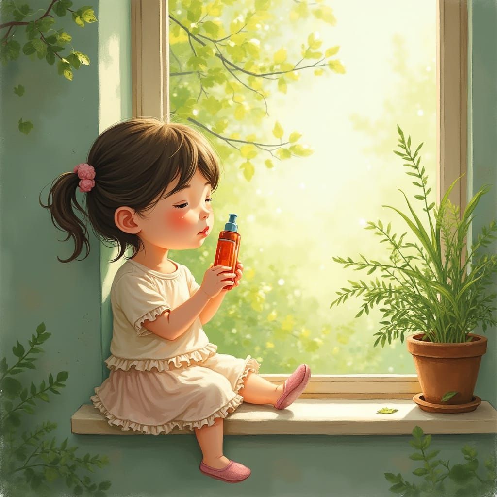 A Young Girl Takes a Calming Breath in a Whimsical Garden Sc...