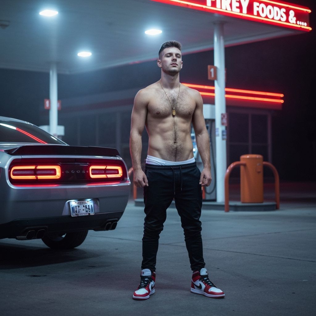 Cinematic Night Scene at Foggy Gas Station with Athletic Man