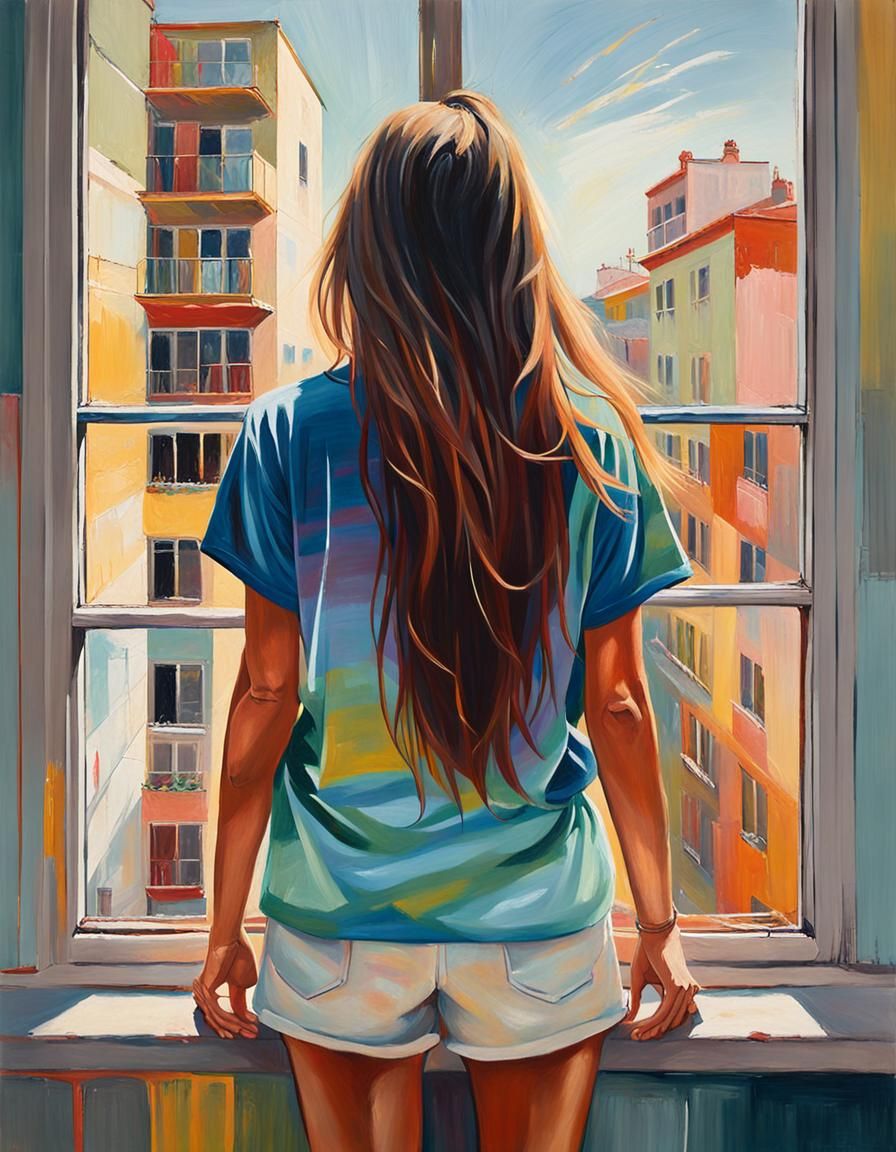 abstract brush strokes oil on canvas painting of a woman standing, show her back, wearing an oversized t shirt, looking ...
