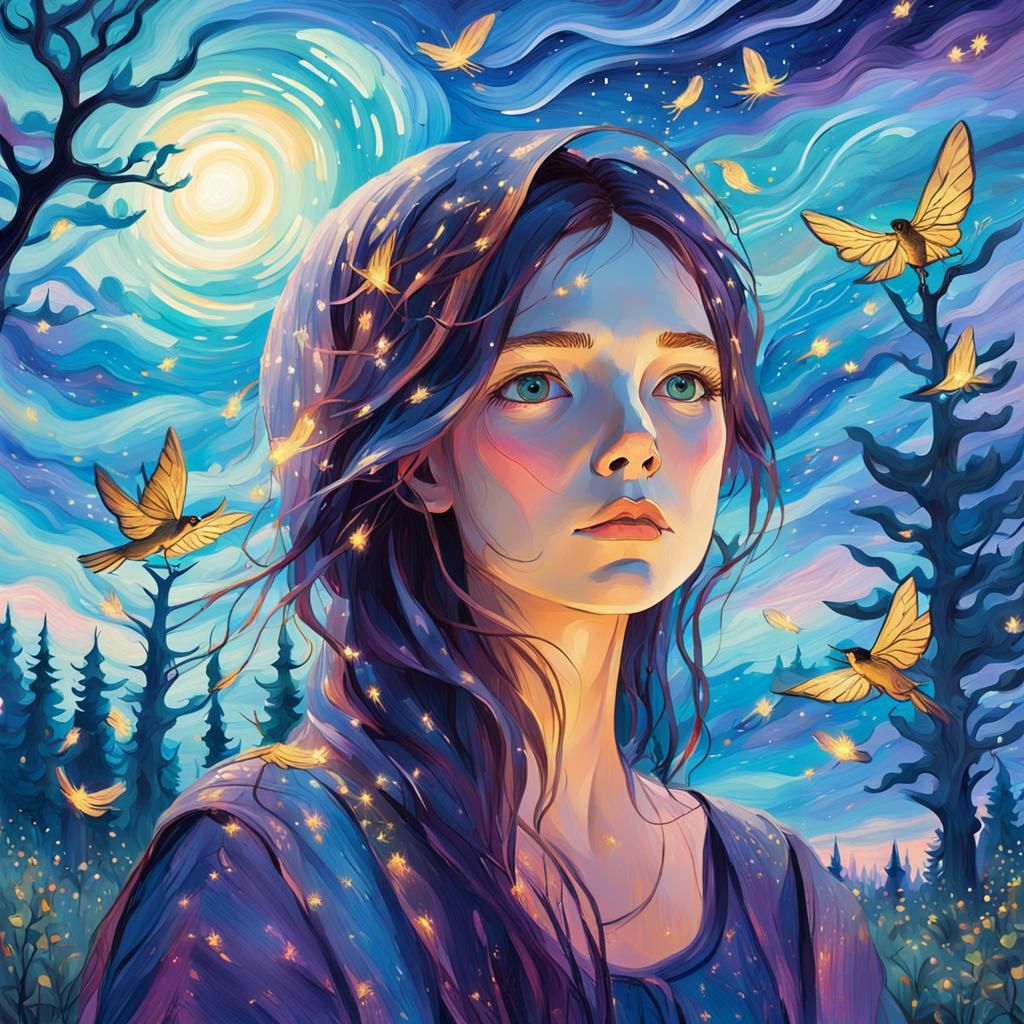 Impressionist Nightingale in Twilight Forest Landscape