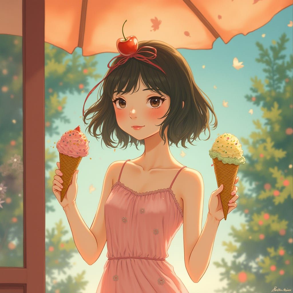 Dreamy Asian Girl with Ice Cream, Watercolor-Inspired Art