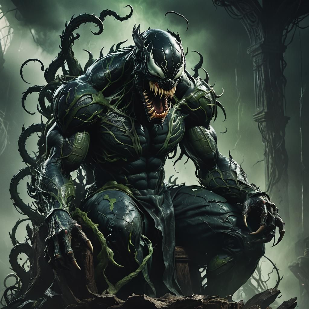 Venom-Inspired Dark Fantasy Humanoid on Organic Throne
