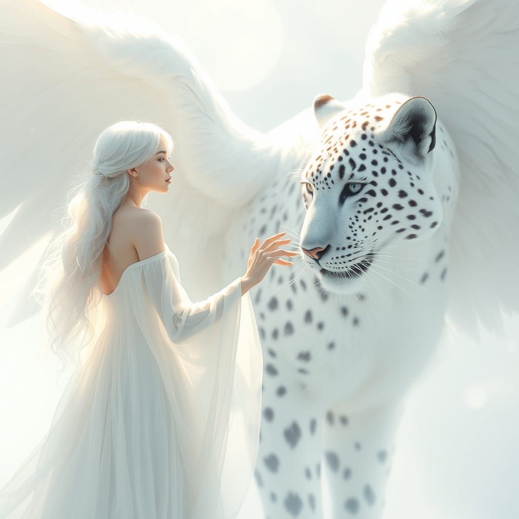 Dreamlike Scene with Ethereal Woman and Snow-White Winged Le...