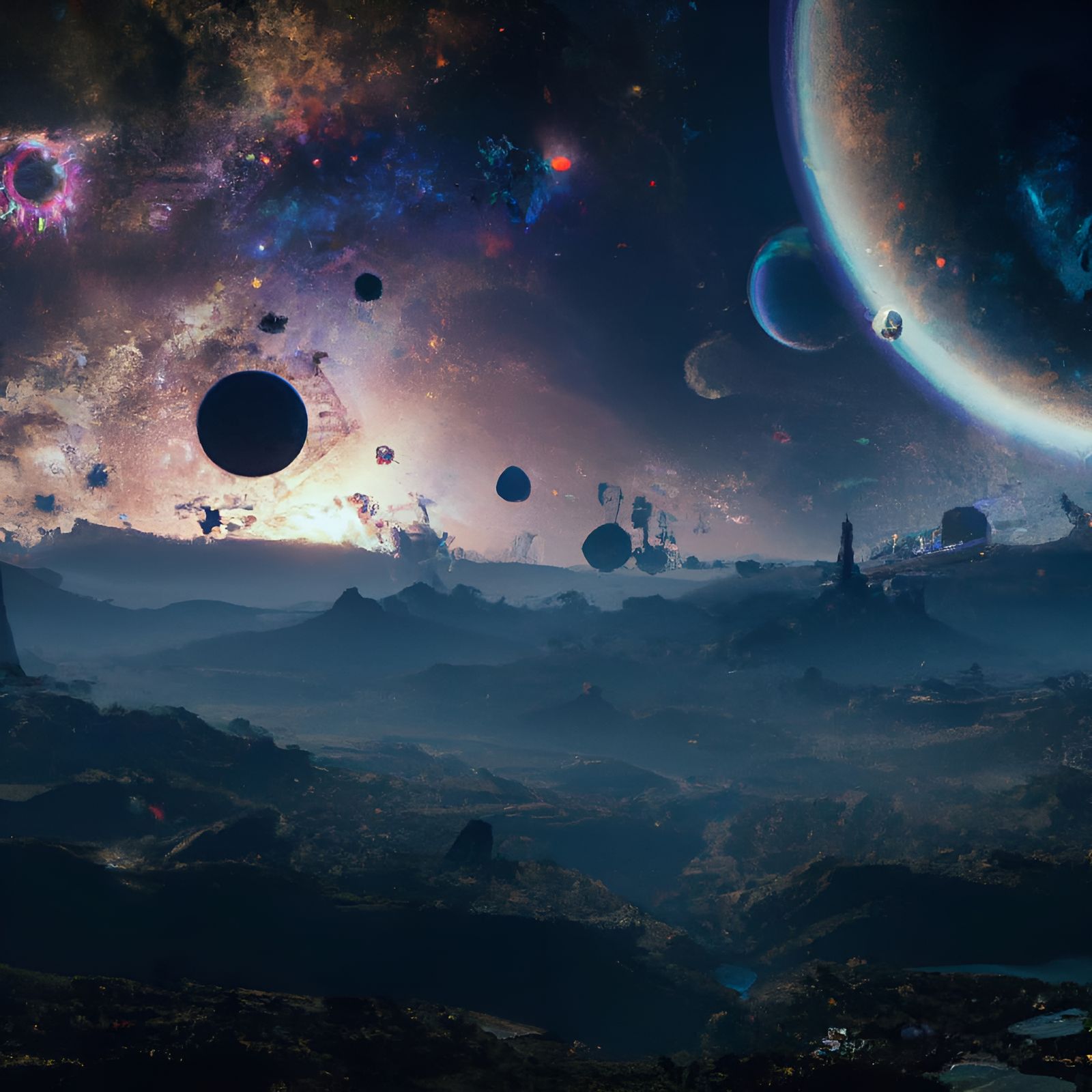 Vibrant Cosmic Landscape in Surrealist Style