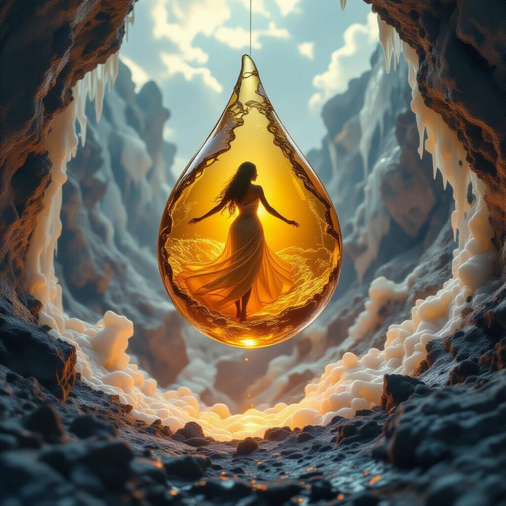 Honey Woman in Amber Droplet, Surreal Optical Art