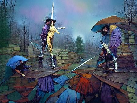 Blindfolded Duel on Stilts: Colorful Digital Illustration