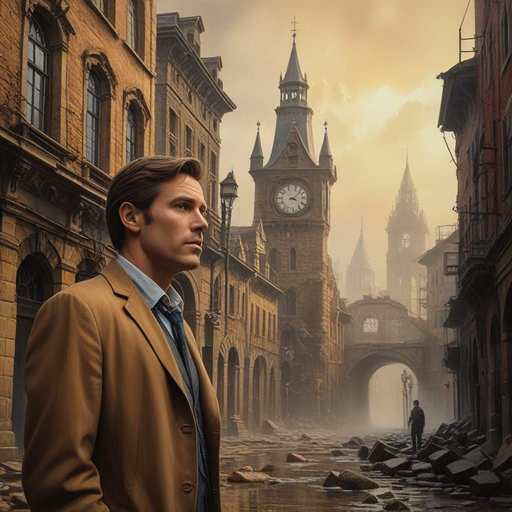 Surrealist Man Between Old and New Buildings