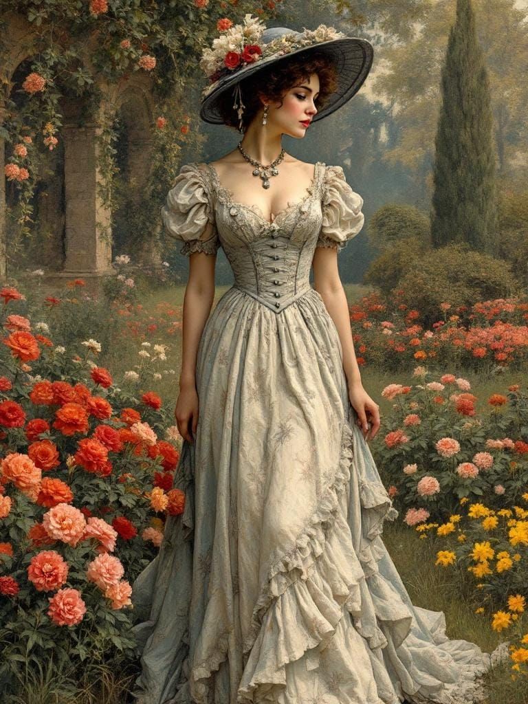 Victorian Woman in Botanic Garden, Rackham Style