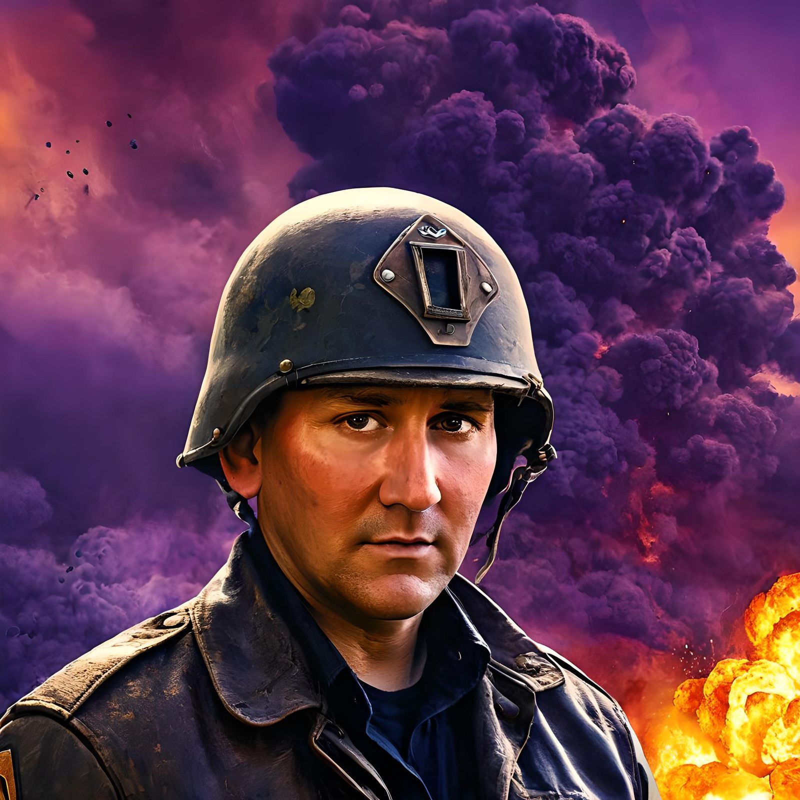WWII Soldier Portrait with Explosion, Digital Art