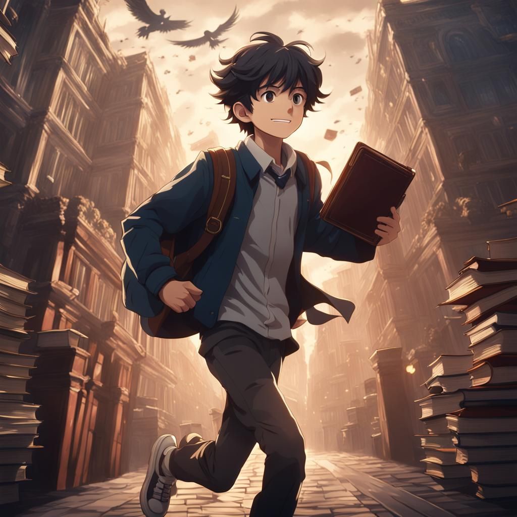 Anime Boy Running with Books in Dark Academia Style