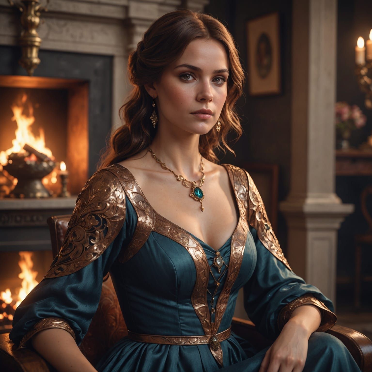 Woman by Fireplace: Hyperdetailed Artgerm-Inspired Portrait