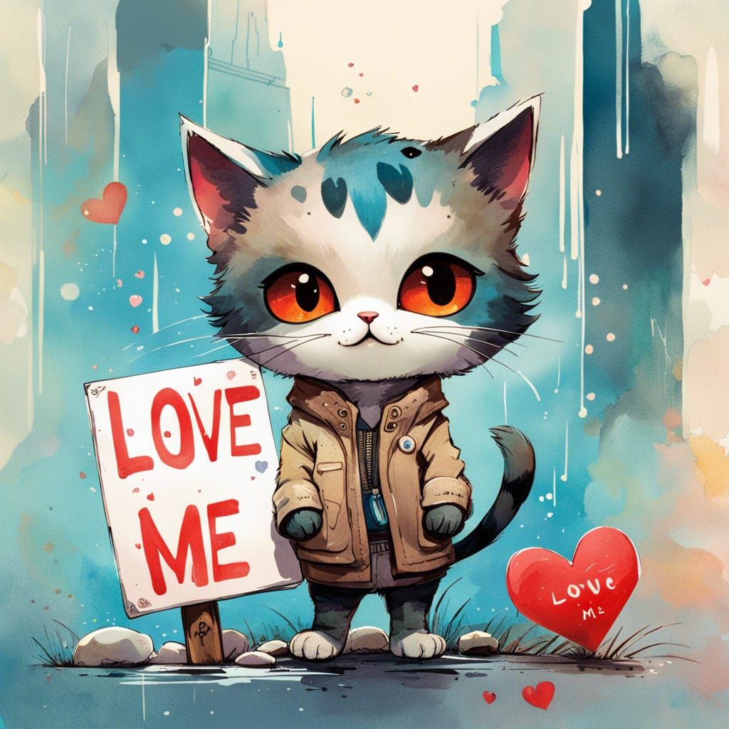 Chibi Cat As Watercolour Painting Asks to Be Loved