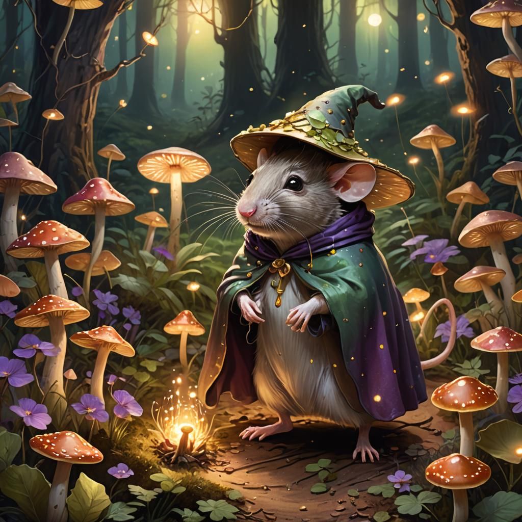 Fantasy Child Rat in Mushroom Ring Illustration
