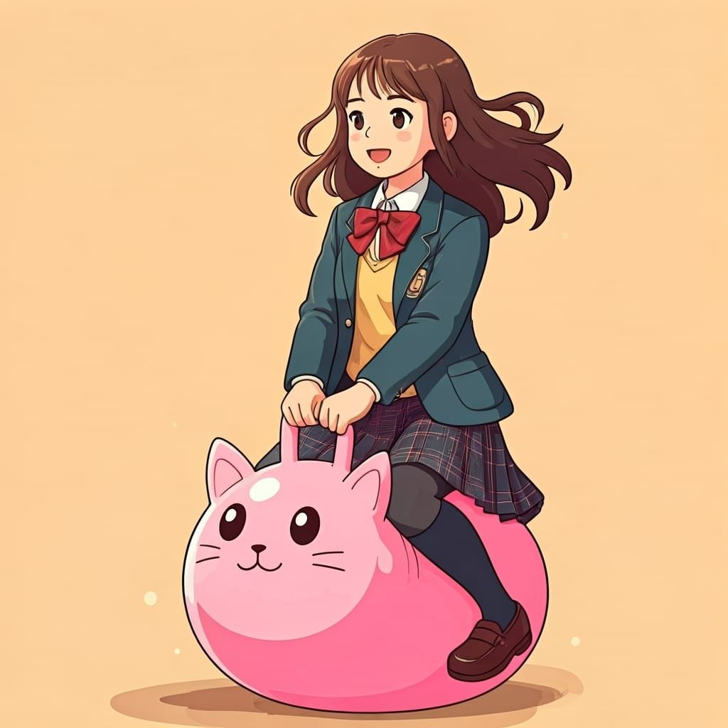 Schoolgirl on Neko Hopper in Studio Ghibli Style