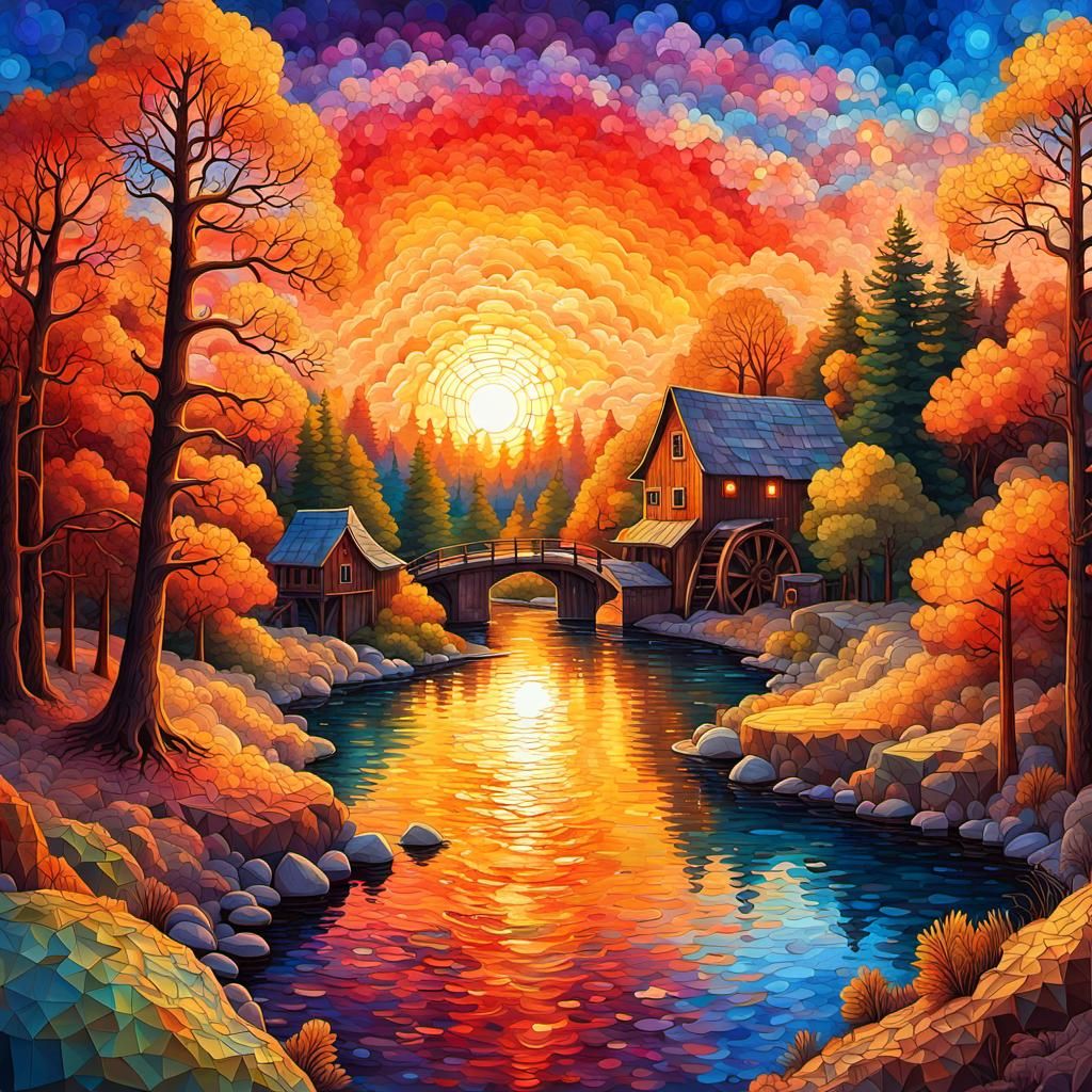 Colorful Watermill Scene in Digital Illustration