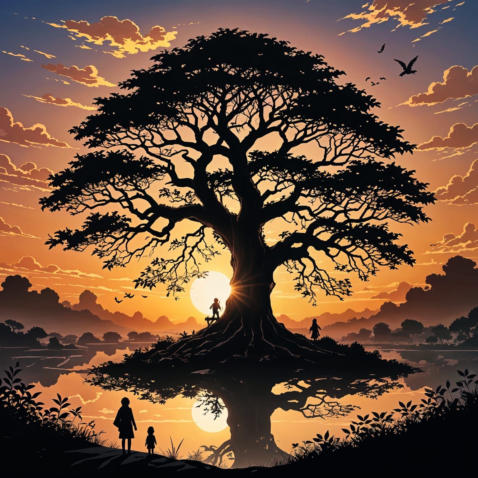 Tree of Life Silhouette Against Vibrant Sunset