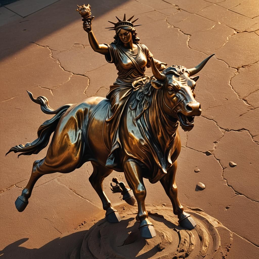 Statue of Liberty Bull Ride in Surreal Digital Art