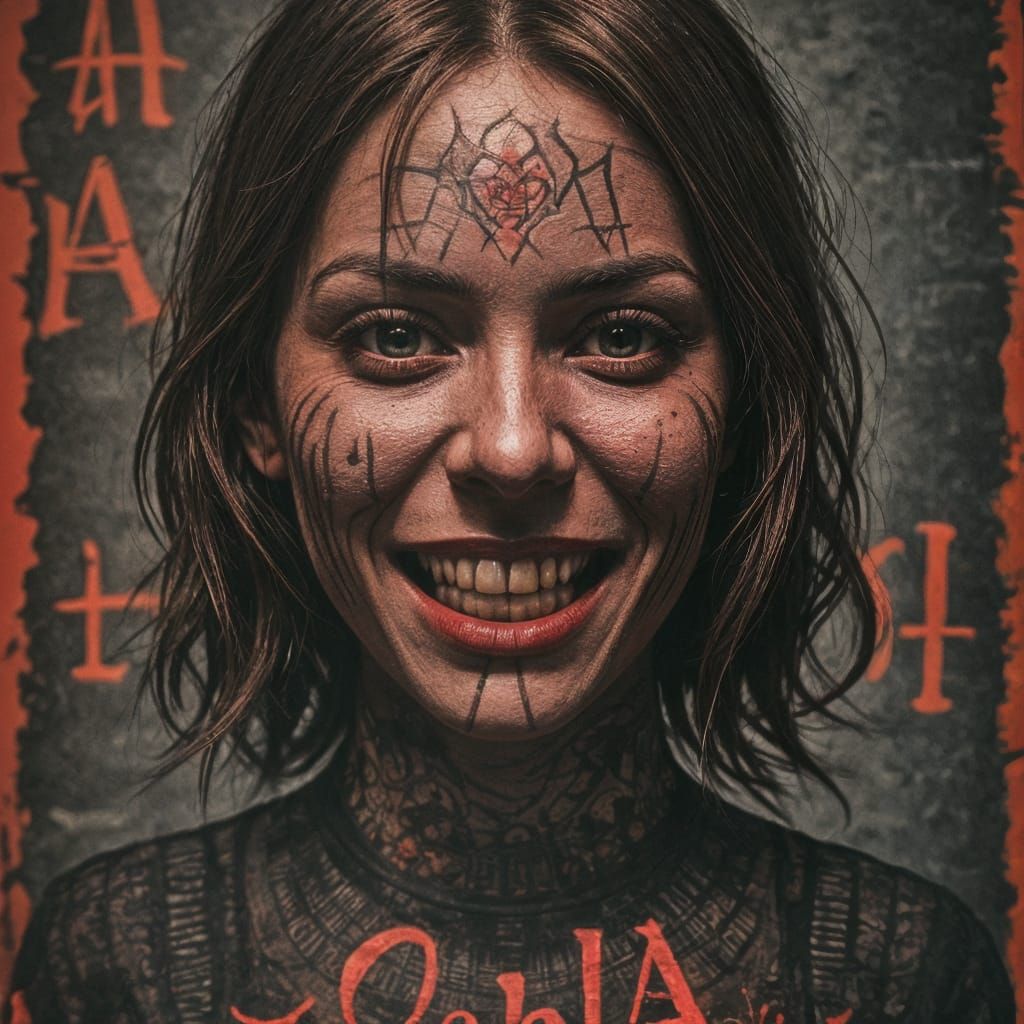 Sinister Typography Face with Red Smile in Graphic Novel Sty...