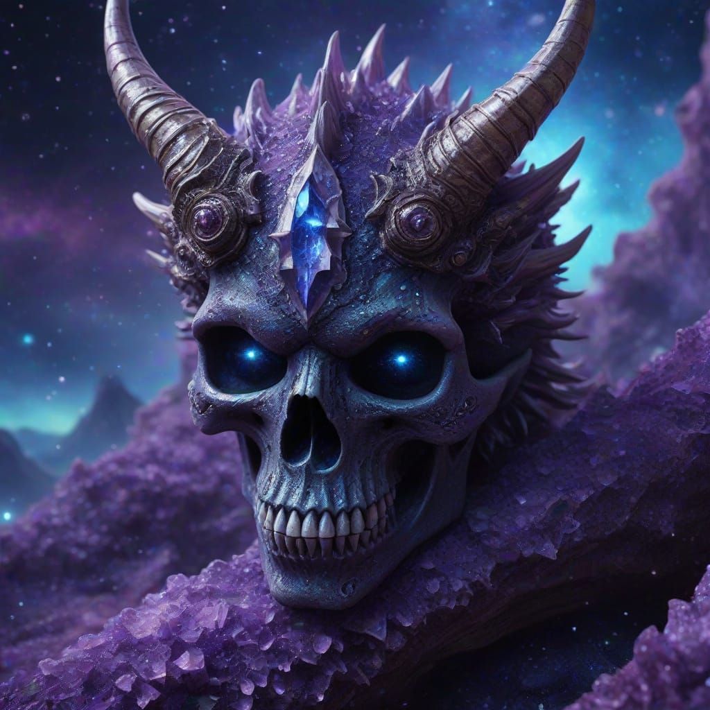 Cosmic Skull with Dragon & Nebula, Crystalline Art