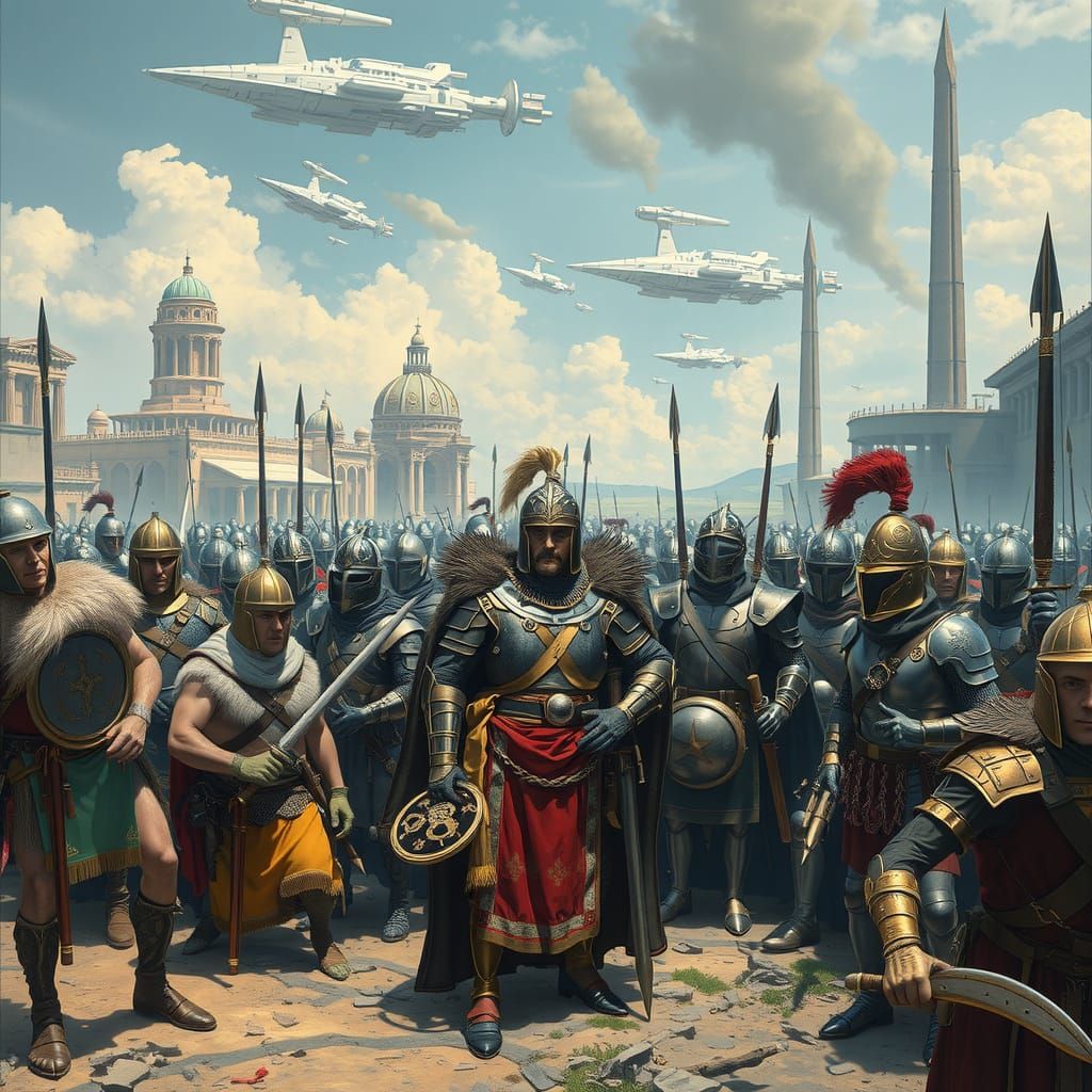 Time-Traveling Warriors Unite in Futuristic Landscape