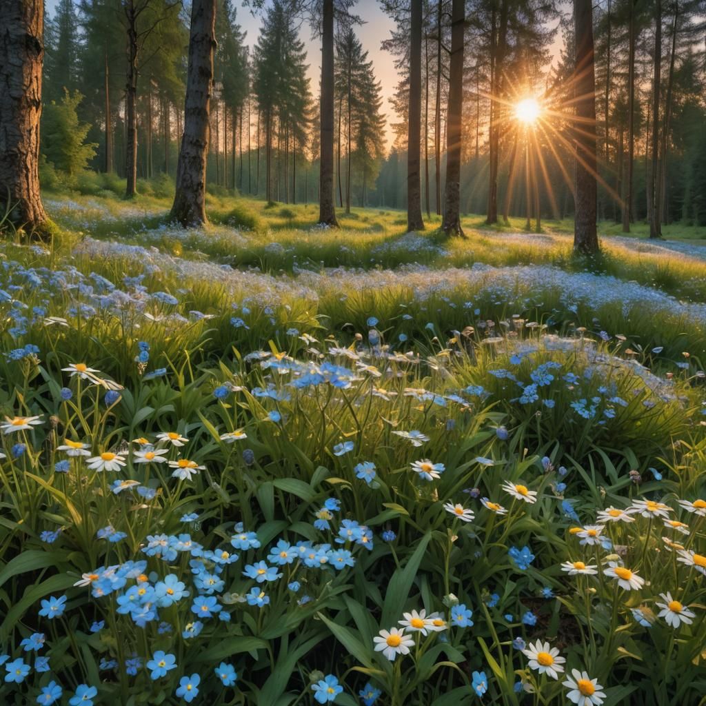 Sunset Meadow with Forget-Me-Nots in Hyperrealistic Style