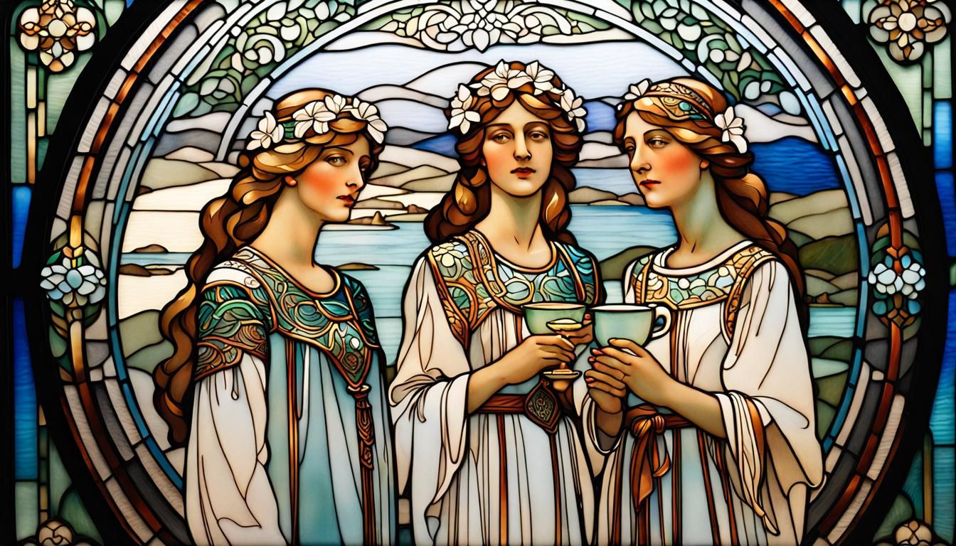 Enameled Stained Glass Nordic Women, Art Nouveau Style