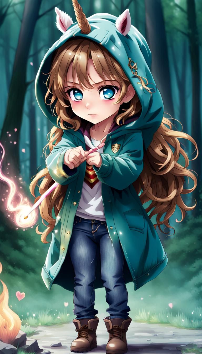 Chibi Hermione Granger Casting Love Spell in Anime Style