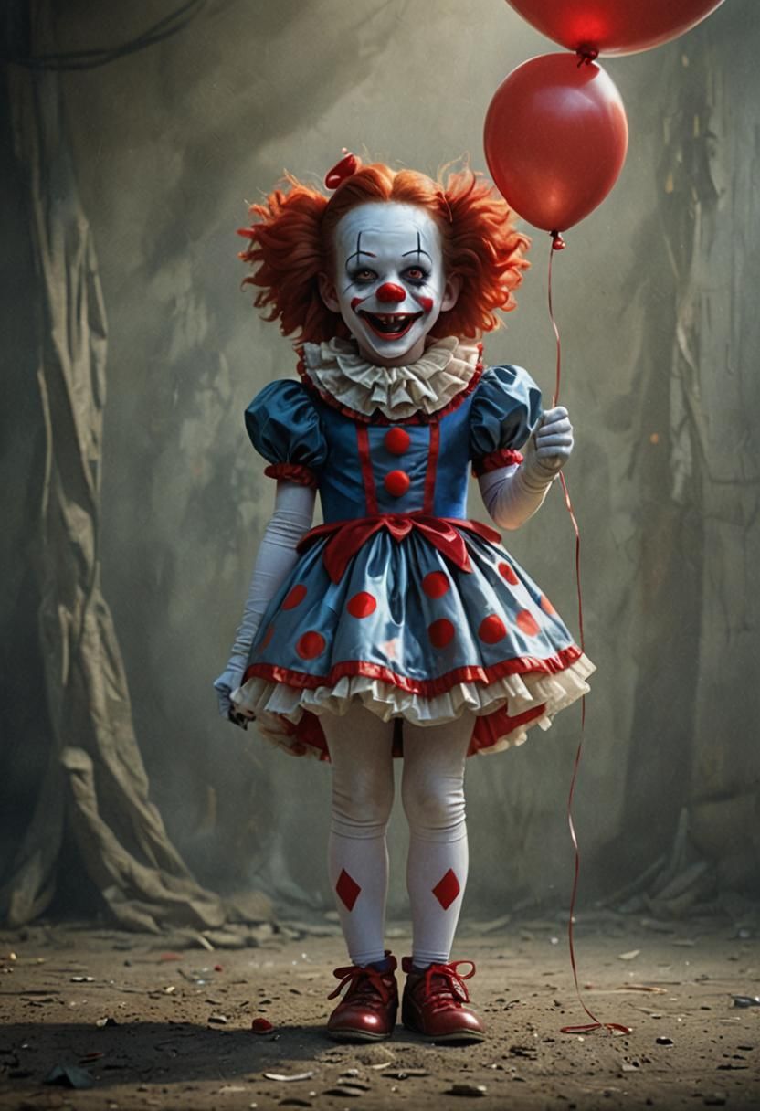 Eerie Clown Girl with Red Balloon in Dark Fantasy Style
