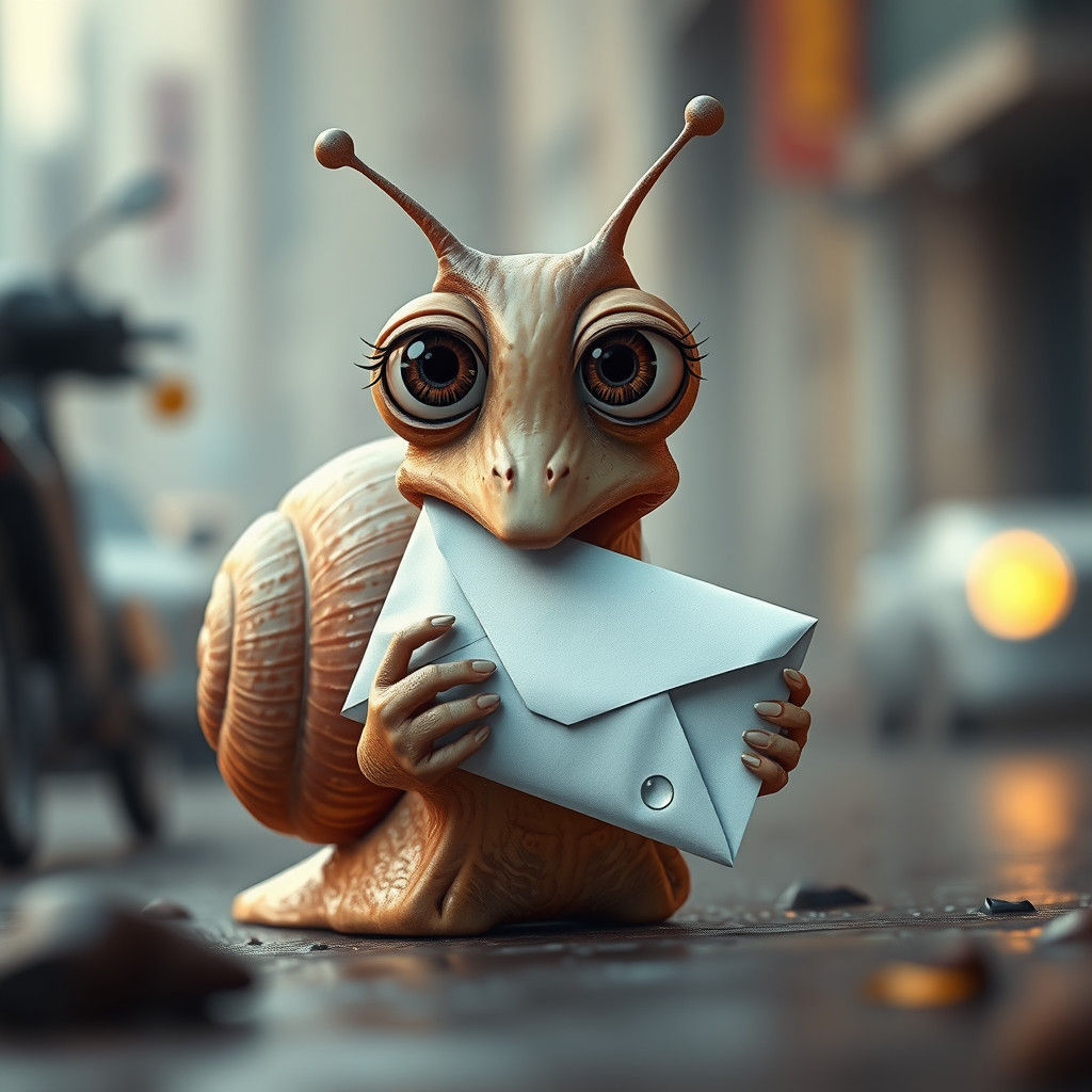 Whimsical Snail with Envelope in City Street