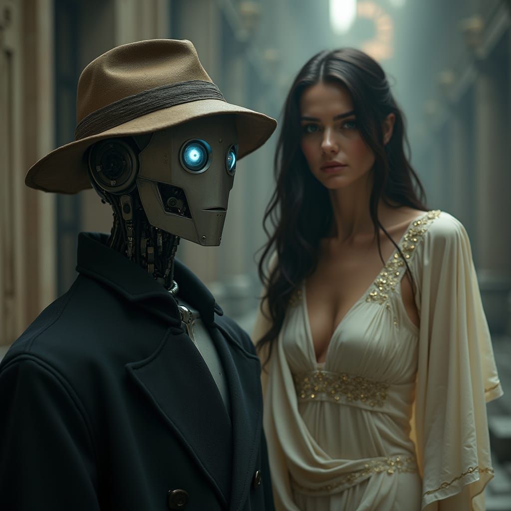 Robot Detective in Film Noir Cityscape