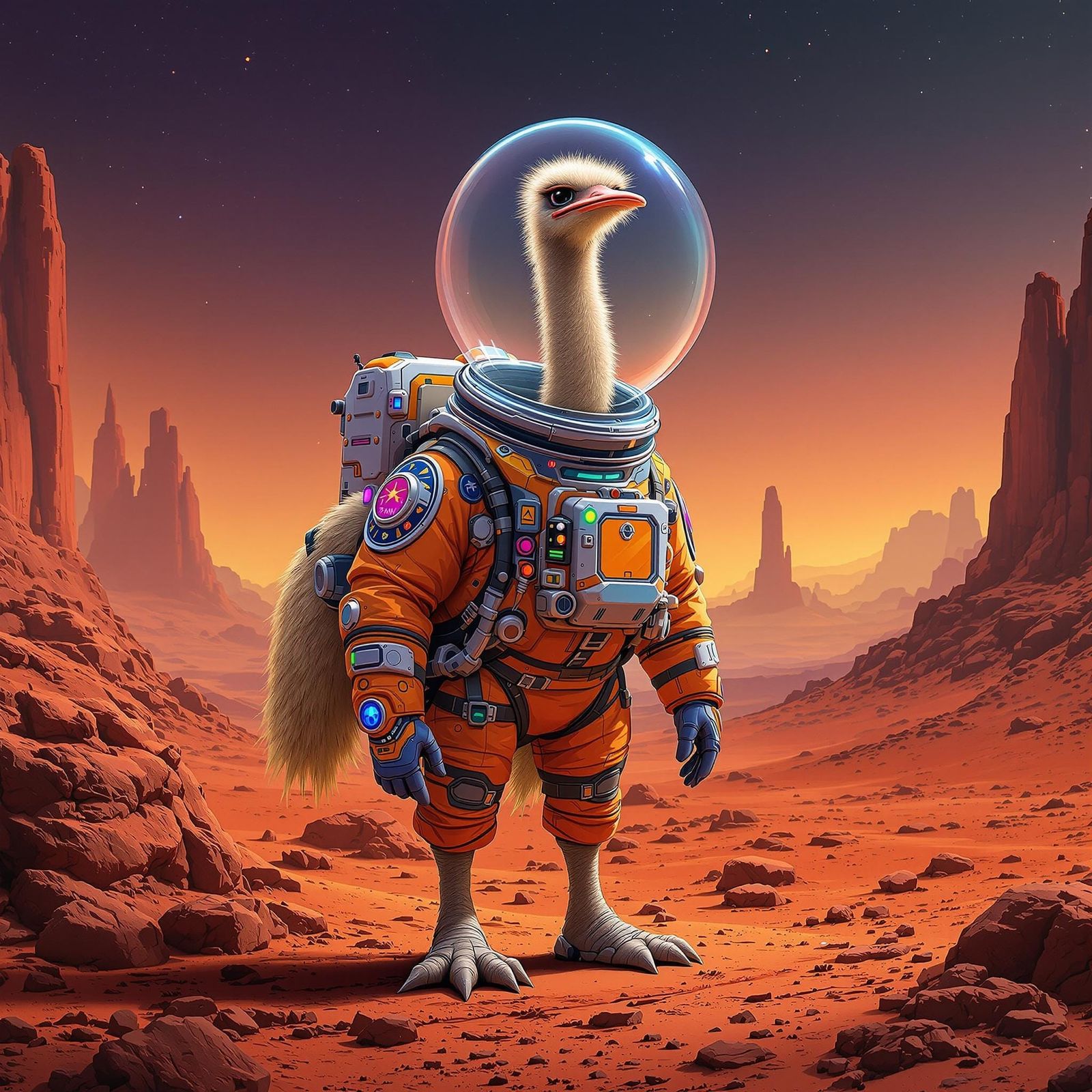 Ostrich Astronaut Pioneers Mars in a Futuristic Space Suit