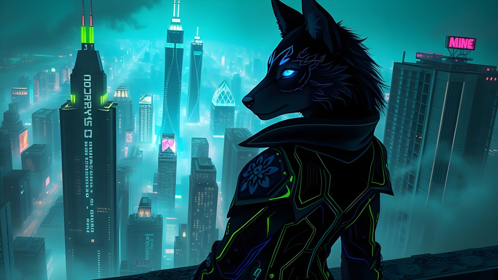 Female Cyber Wolf in Neon City