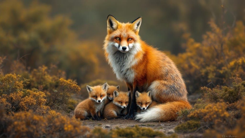 Serene Red Fox Mother Watches Over Her Kits in a Forest Clea...