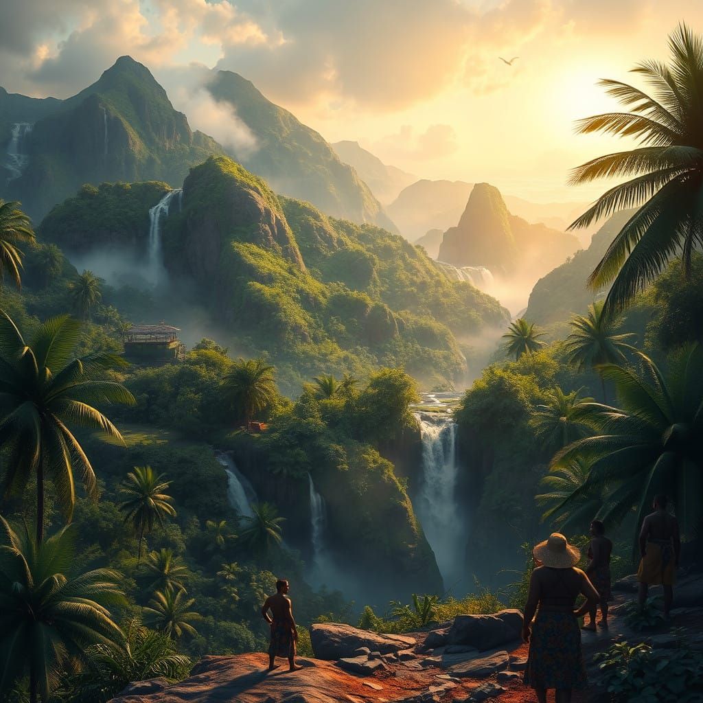 Vibrant Jamaican Fantasy Landscape in Traditional Attire