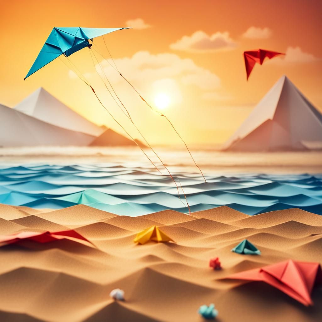 Origami Kite Flying Above Beach at Sunrise