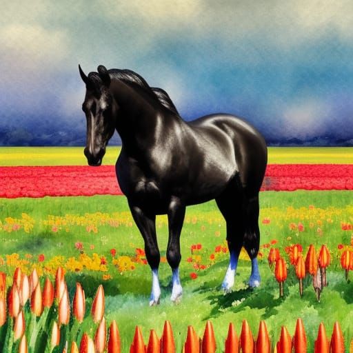 Black Horse in Tulip Field: Gouache Impressionist Painting