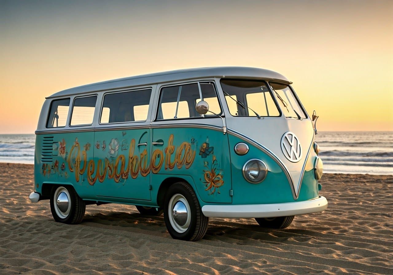 VW Mini Bus on Beach at Sunrise